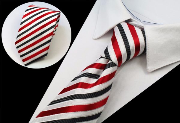 Spoločenská pánska kravata so vzorom v bielej, červenej a čiernej farbe