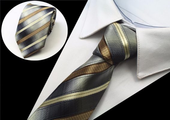 Kvalitná pánska kravata s pásikmi v zlato - sivej farbe
