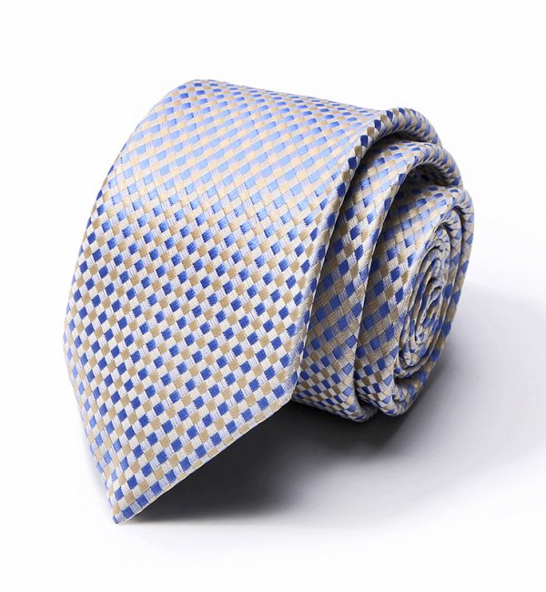 Kvalitná pánska kravata v modro-žltej farbe so vzorom