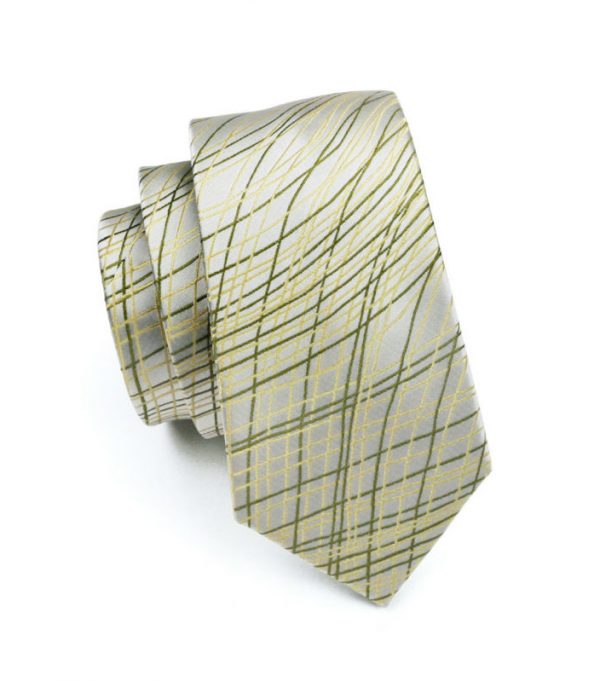 Pánska hodvábna kravata v sivej farbe so zeleno-žltými čiarami