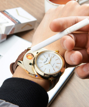 Luxusné ručičkové pánske hodinky so zapaľovačom - hnedý remienok