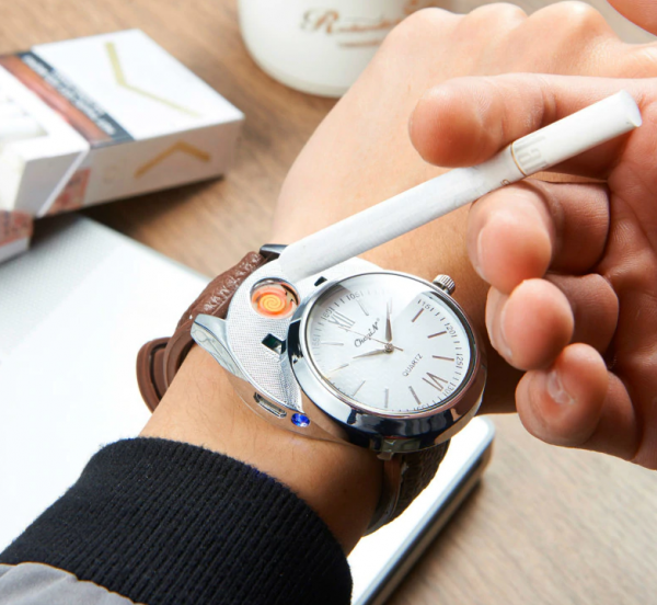Luxusné ručičkové pánske hodinky so zapaľovačom - hnedý remienok