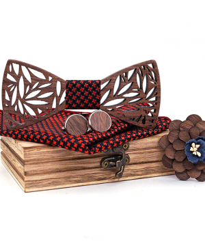 Viac-farebný drevený set - drevený motýlik+vreckovka+manžety+brošňa