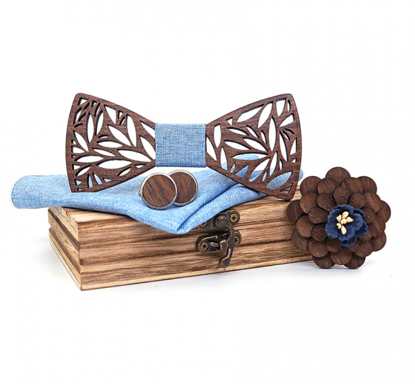 Viac-farebný drevený set - drevený motýlik+vreckovka+manžety+brošňa