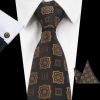 Pánsky kravatový set - kravata + manžety + vreckovka s hnedým vzorom