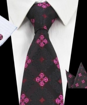Pánsky kravatový set - kravata + manžety + vreckovka s ružovým vzorom