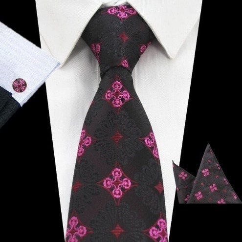 Pánsky kravatový set - kravata + manžety + vreckovka s ružovým vzorom