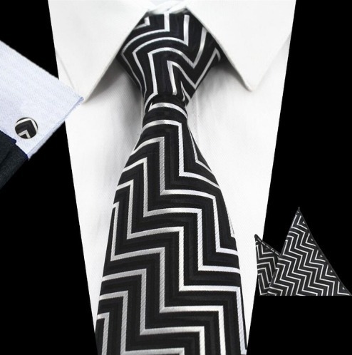 Pánsky kravatový set - kravata + manžety + vreckovka s čiernym vzorom