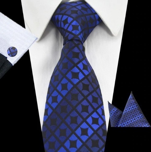 Pánsky kravatový set - kravata + manžety + vreckovka v modrej farbe