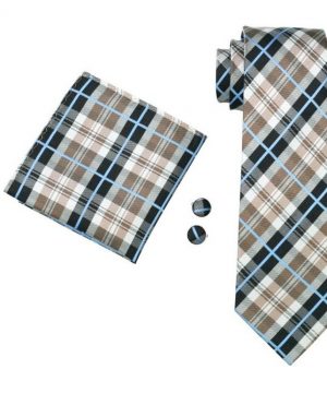 Pánsky kravatový set - kravata + manžety + vreckovka s károvaným vzorom