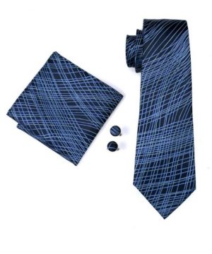 Pánsky kravatový set - kravata + manžety + vreckovka s modrým vzorom