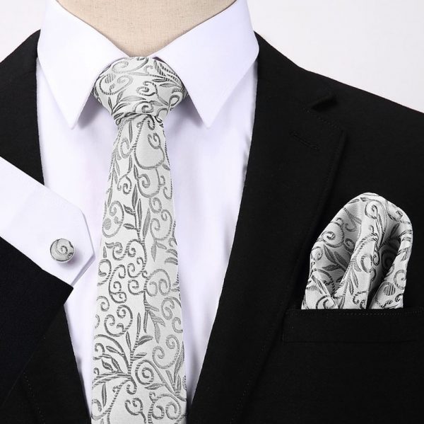 Pánsky darčekový set - kravata + manžety + vreckovka s bielo-sivým vzorom