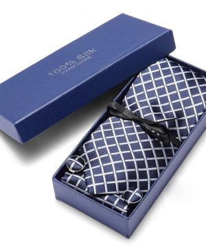 Pánsky darčekový set - kravata + manžety + vreckovka s modro-bielym vzorom