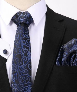 Pánsky darčekový set - kravata + manžety + vreckovka s tmavo-modrým vzorom