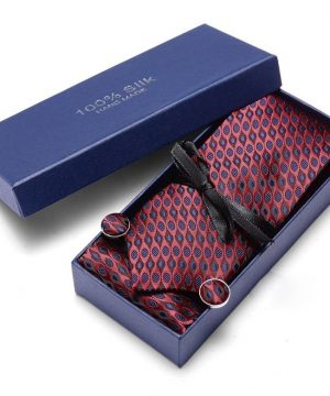 Pánsky darčekový set - kravata + manžety + vreckovka s červeno-modrým vzorom