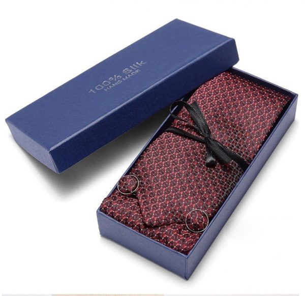 Pánsky darčekový set - kravata + manžety + vreckovka s červeným vzorom