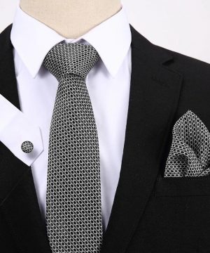 Pánsky darčekový set - kravata + manžety + vreckovka s čierno-bielym vzorom