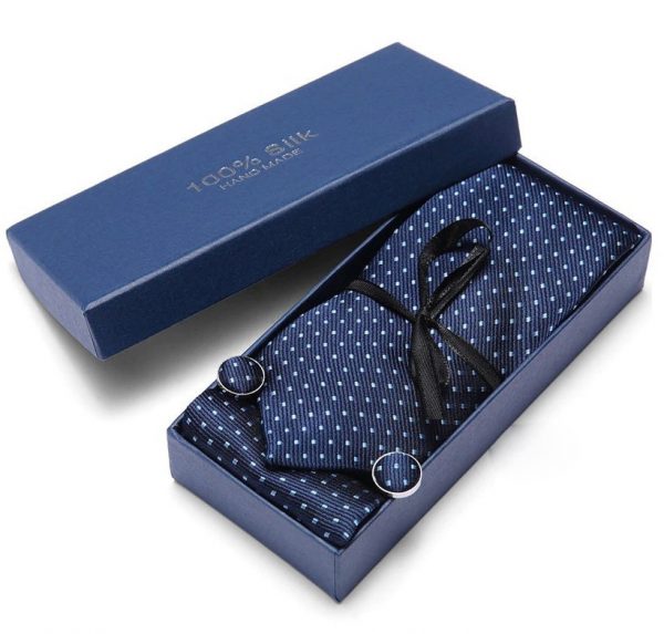 Pánsky darčekový set - kravata + manžety + vreckovka v modrej farbe s bodkami