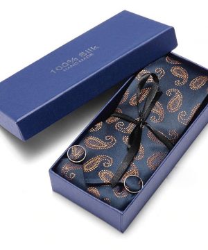 Pánsky darčekový set - kravata + manžety + vreckovka v modro-oranžovej farbe