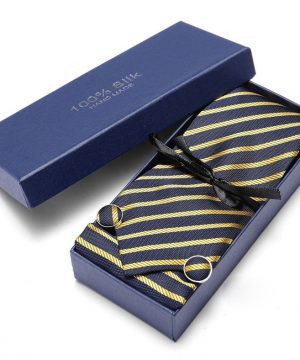Pánsky darčekový set - kravata + manžety + vreckovka v modro-žltej farbe