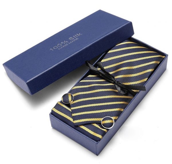 Pánsky darčekový set - kravata + manžety + vreckovka v modro-žltej farbe