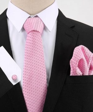 Pánsky darčekový set - kravata + manžety + vreckovka v ružovej farbe