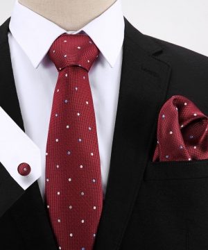 Pánsky darčekový set - kravata + manžety + vreckovka v červenej farbe s bodkami