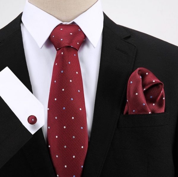 Pánsky darčekový set - kravata + manžety + vreckovka v červenej farbe s bodkami
