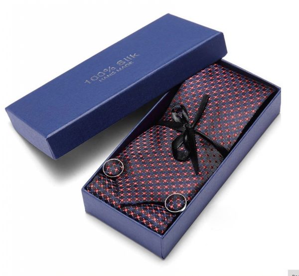 Pánsky darčekový set - kravata + manžety + vreckovka v červeno-modrom prevedení