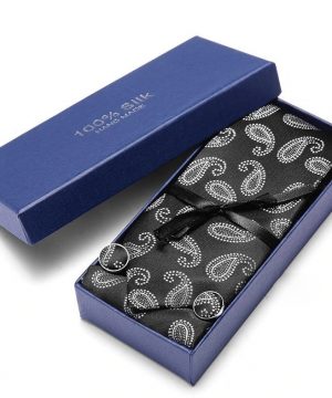 Pánsky darčekový set - kravata + manžety + vreckovka v čierno-bielej farbe