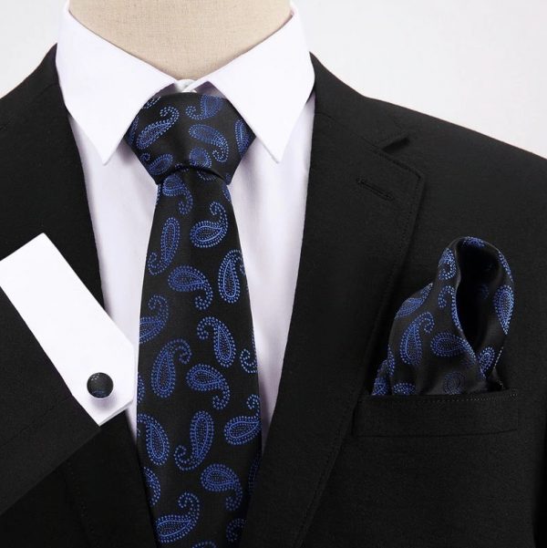 Pánsky darčekový set - kravata + manžety + vreckovka v čierno-modrej farbe