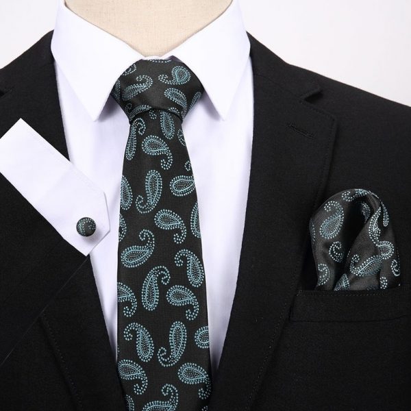 Pánsky darčekový set - kravata + manžety + vreckovka v čierno-zelenej farbe