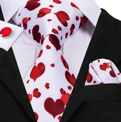Pánsky kravatový set - kravata + manžety + vreckovka so srdiečkami