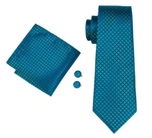 Pánsky kravatový set - kravata + manžety + vreckovka v zeleno-modrej farbe