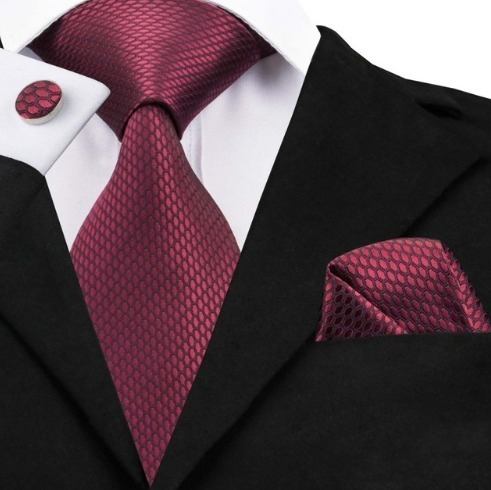 Darčeková sada - kravata + manžety + vreckovka s bordovým vzorom
