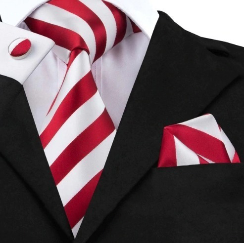 Darčeková sada - kravata + manžety + vreckovka s červeno-bielymi pásikmi