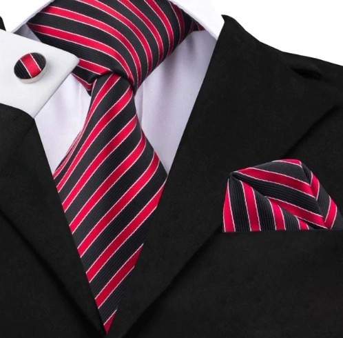 Darčeková sada - kravata + manžety + vreckovka s červeno-čiernymi pásikmi