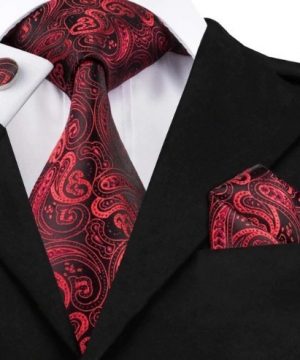 Darčeková sada - kravata + manžety + vreckovka s červeným ornamentom