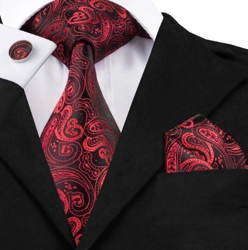 Darčeková sada - kravata + manžety + vreckovka s červeným ornamentom