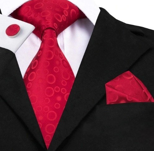 Darčeková sada - kravata + manžety + vreckovka s červenými bublinkami