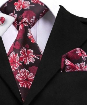 Darčeková sada - kravata + manžety + vreckovka s červenými kvetinami