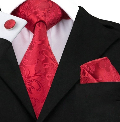Kravatová sada - kravata + manžety + vreckovka s červeným vzorom