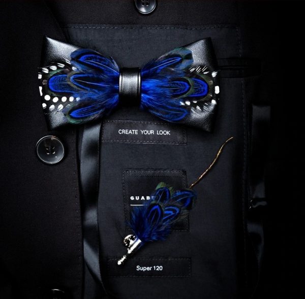 Luxusná sada - pánsky motýlik z vtáčích pierok a brošňa na šaty model_06