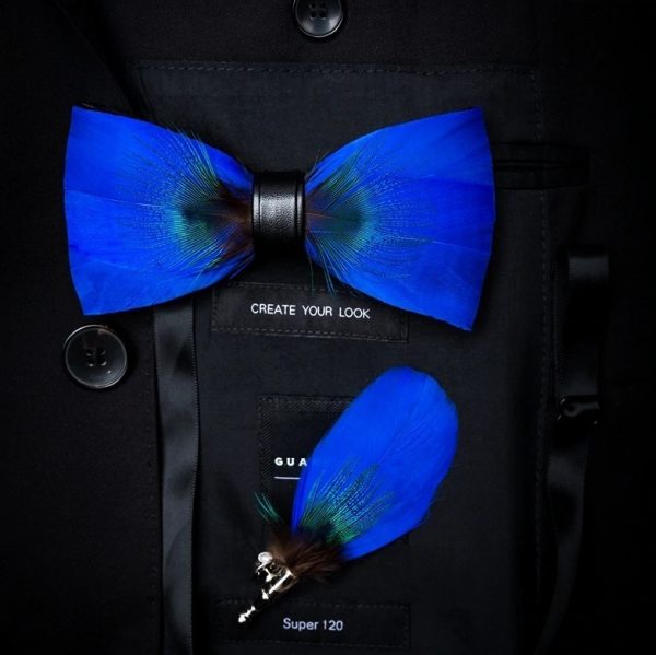 Luxusná sada - pánsky motýlik z vtáčích pierok a brošňa na šaty model_10