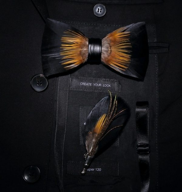 Luxusná sada - pánsky motýlik z vtáčích pierok a brošňa na šaty model_12