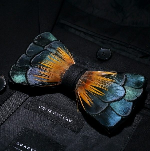 Luxusná sada - pánsky motýlik z vtáčích pierok a brošňa na šaty model_13