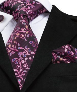 Pánska kravatová sada - kravata + manžety + vreckovka s fialovým vzorom