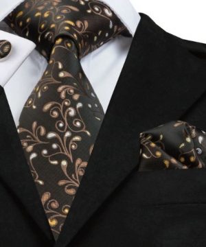 Pánska kravatová sada - kravata + manžety + vreckovka s hnedým vzorom