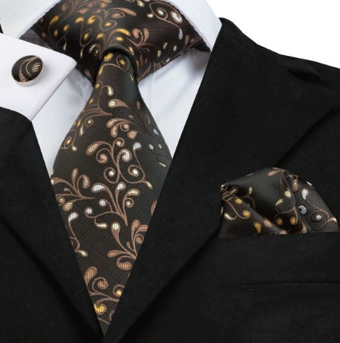 Pánska kravatová sada - kravata + manžety + vreckovka s hnedým vzorom