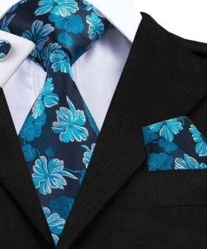 Pánska kravatová sada - kravata + manžety + vreckovka s modrými kvietkami